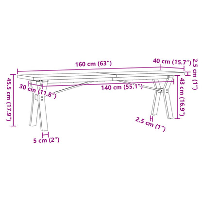 Table basse cadre en Y 160x40x45,5 cm bois de pin massif acier