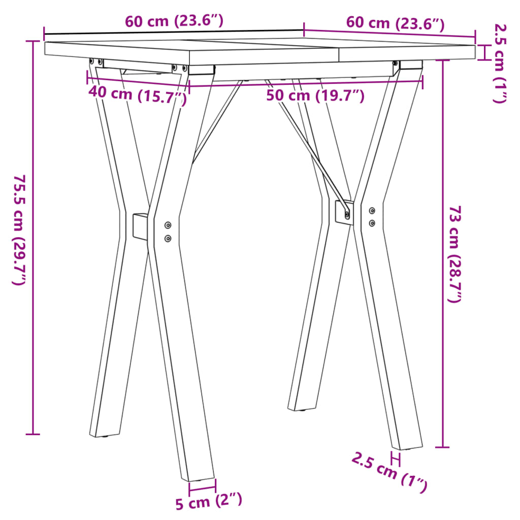 Table à manger cadre en Y 60x60x75,5cm bois de pin massif acier