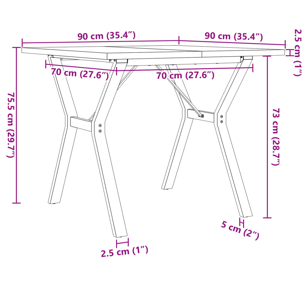 Table à manger cadre en Y 90x90x75,5cm bois de pin massif acier