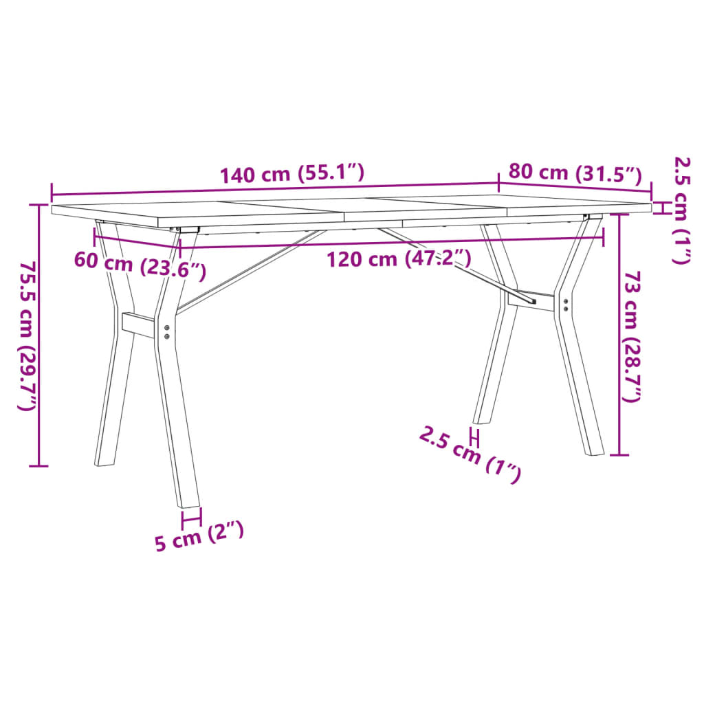 Table à manger cadre en Y 140x80x75,5 cm bois pin massif acier