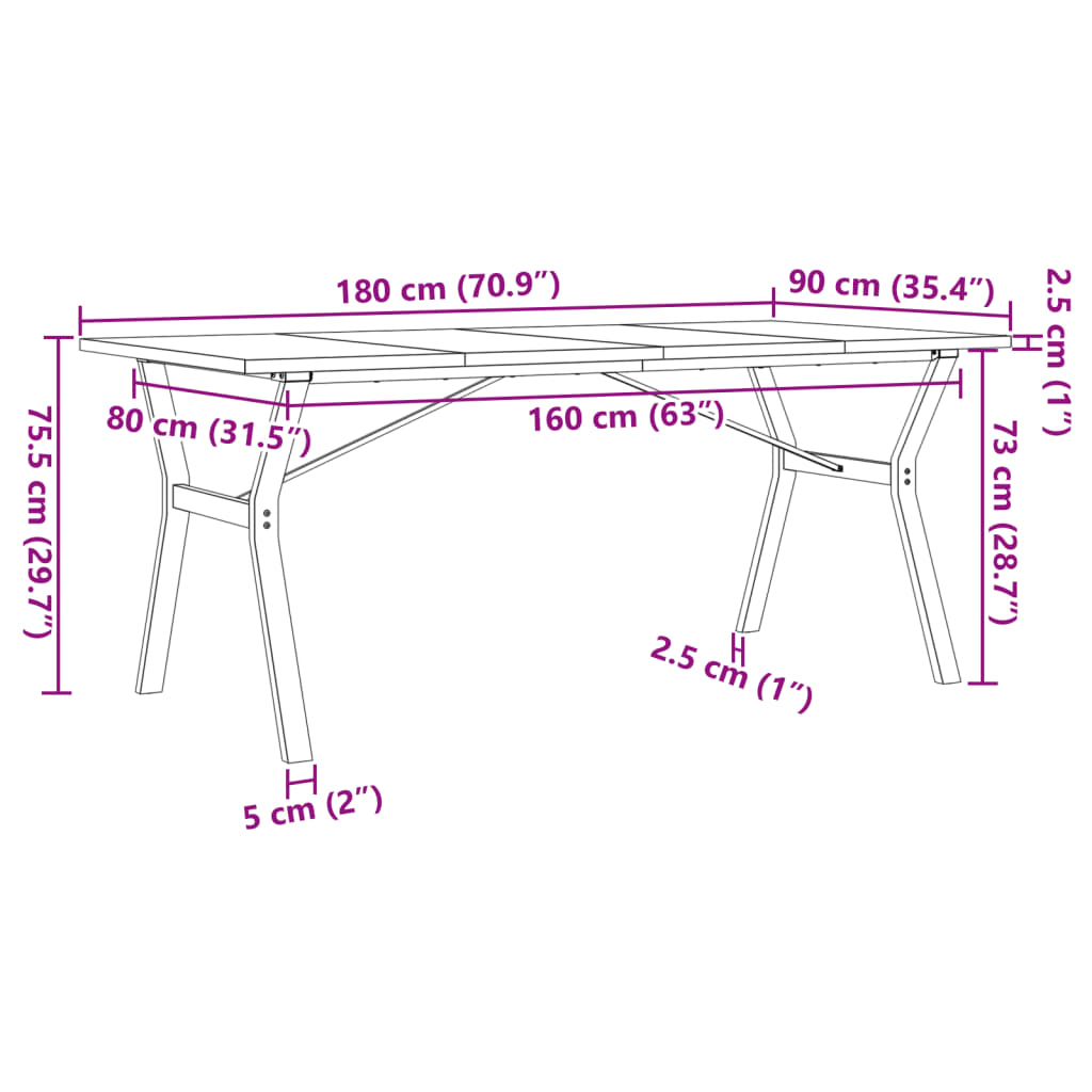 Table à manger cadre en Y 180x90x75,5 cm bois pin massif acier