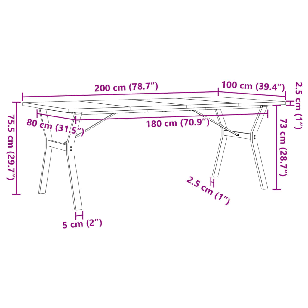 Table à manger cadre en Y 200x100x75,5 cm bois pin massif acier