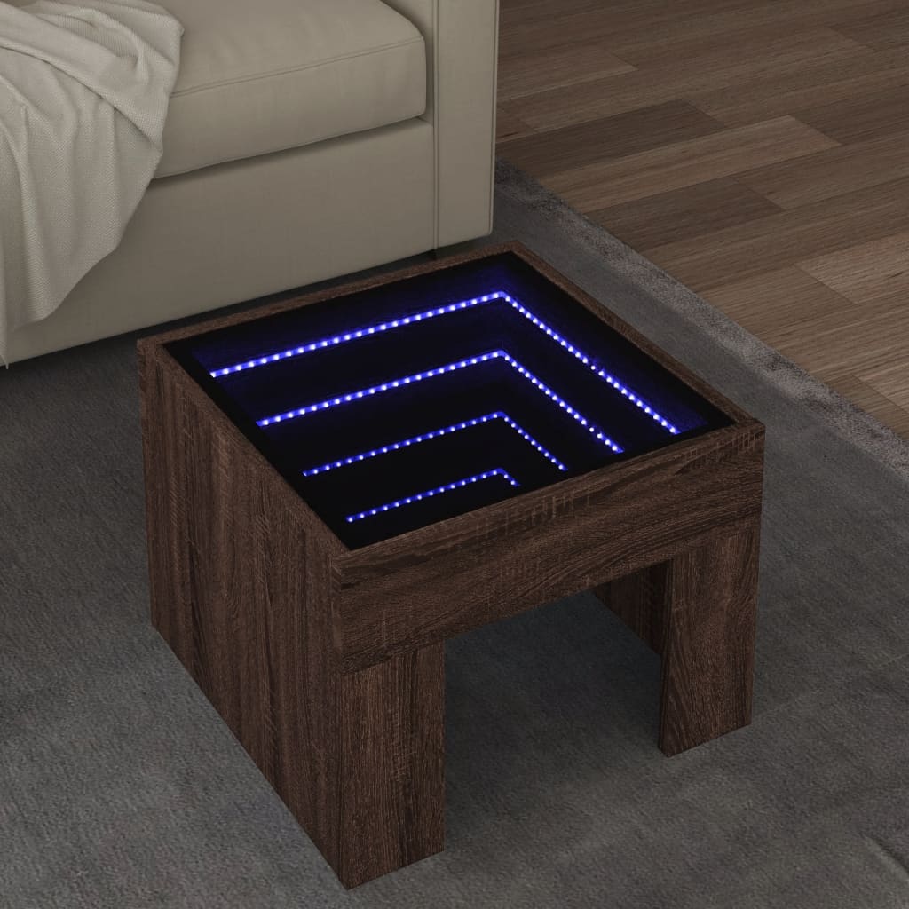 Table basse avec LED infini chêne marron 40x40x30 cm