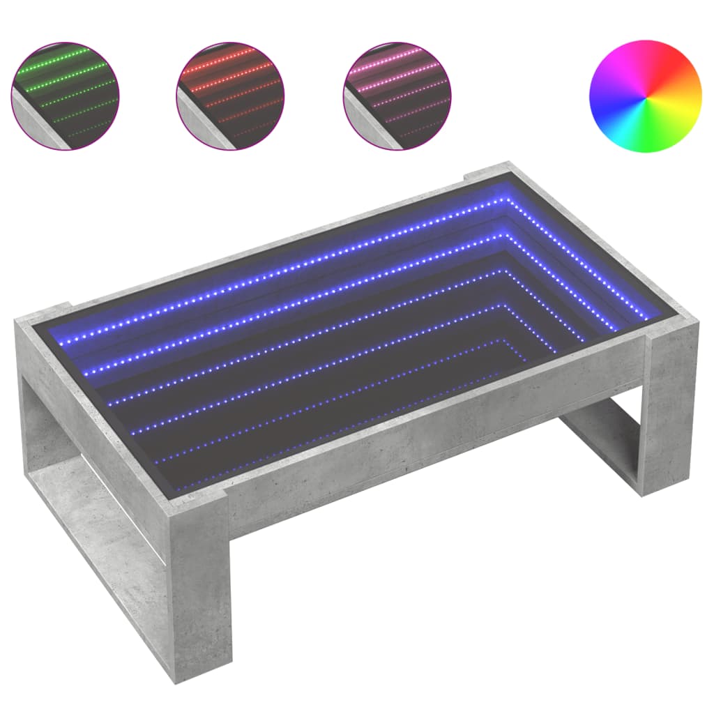 Table basse avec LED infini gris béton 90x53x30 cm