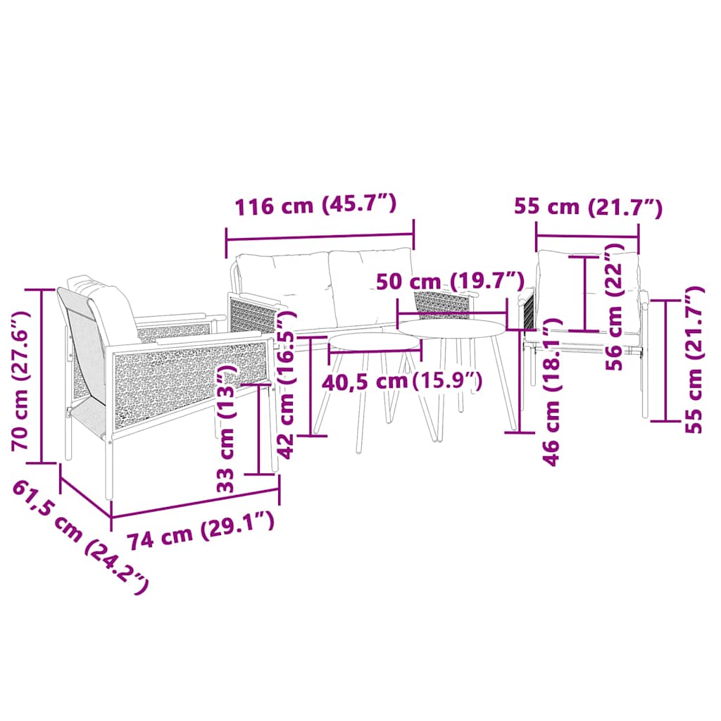 Ensemble de meubles de balcon avec coussins 5 pcs noir acier