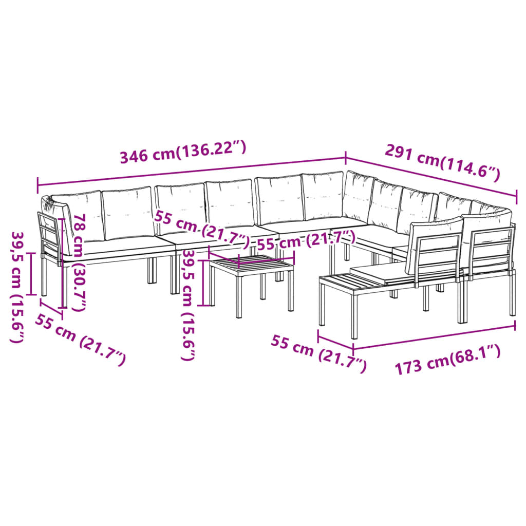 Salon de jardin avec coussins 7 pcs noir acier enduit de poudre