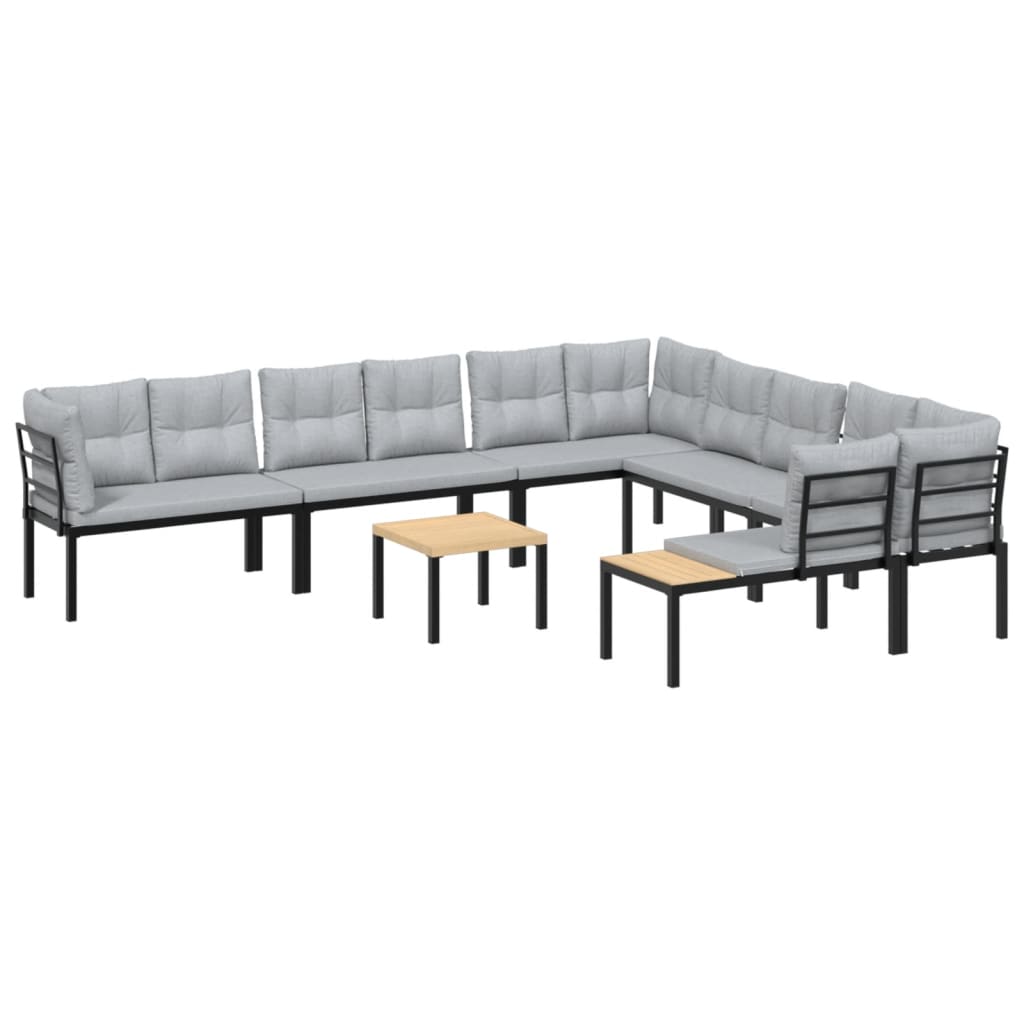 Salon de jardin avec coussins 7 pcs noir acier enduit de poudre