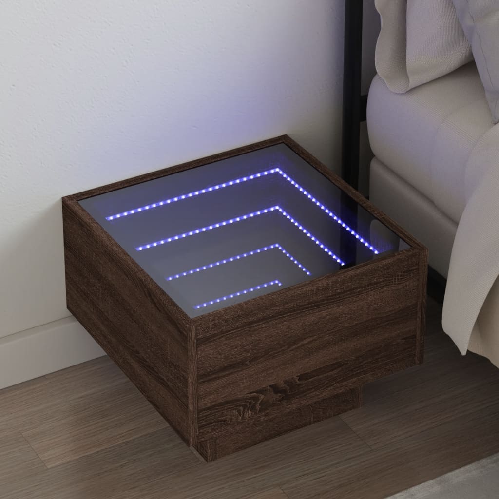 Table de chevet avec LED infini chêne marron 40x40x30 cm