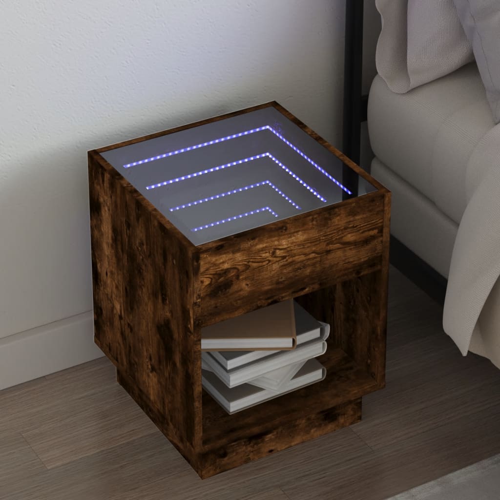 Table de chevet avec LED infini chêne fumé 40x40x50 cm