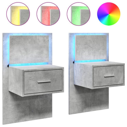 Tables de chevet murales avec lumières LED 2 pcs gris béton