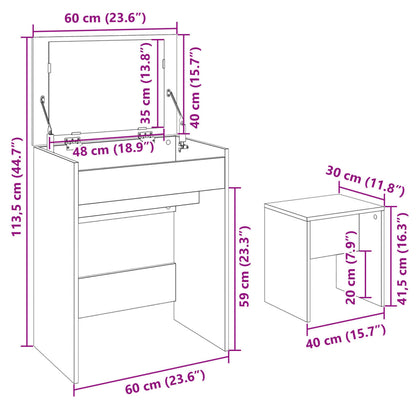 Coiffeuse et tabouret sonoma gris 60x40x113,5 cm