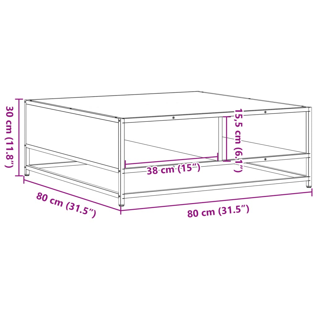 Table basse chêne fumé 80x80x30 cm bois d'ingénierie et métal