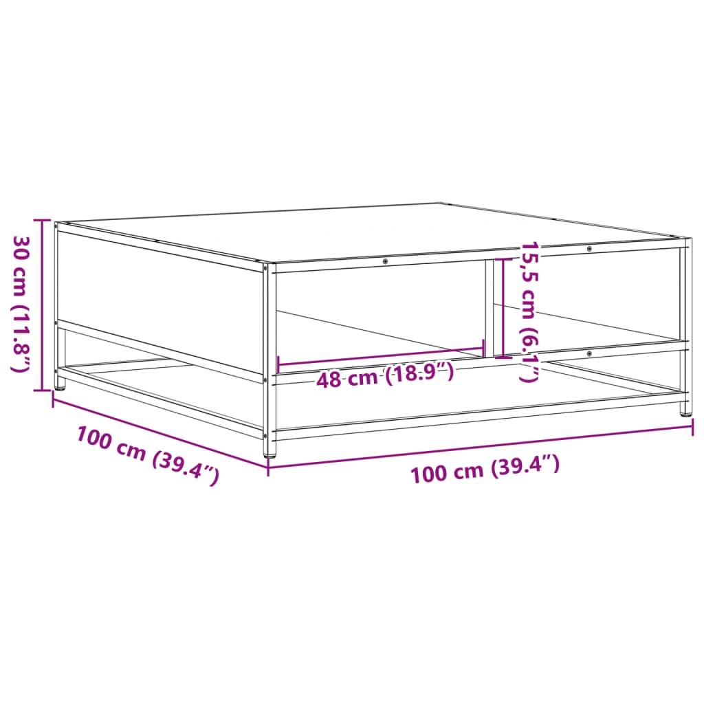 Table basse chêne fumé 100x100x30 cm bois d'ingénierie et métal