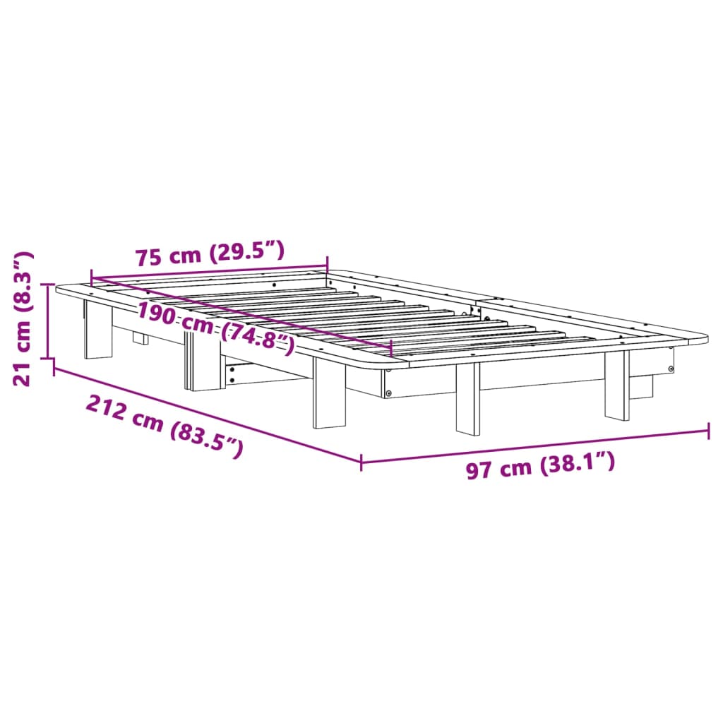 Cadre de lit sans matelas blanc 75x190 cm bois de pin massif