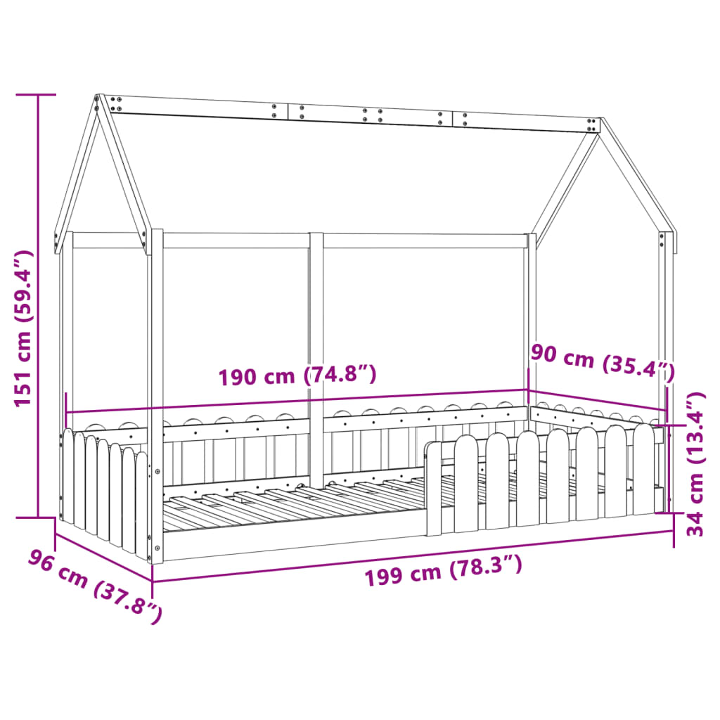 Cadre de lit d'enfants forme de maison sans matelas 90x190 cm