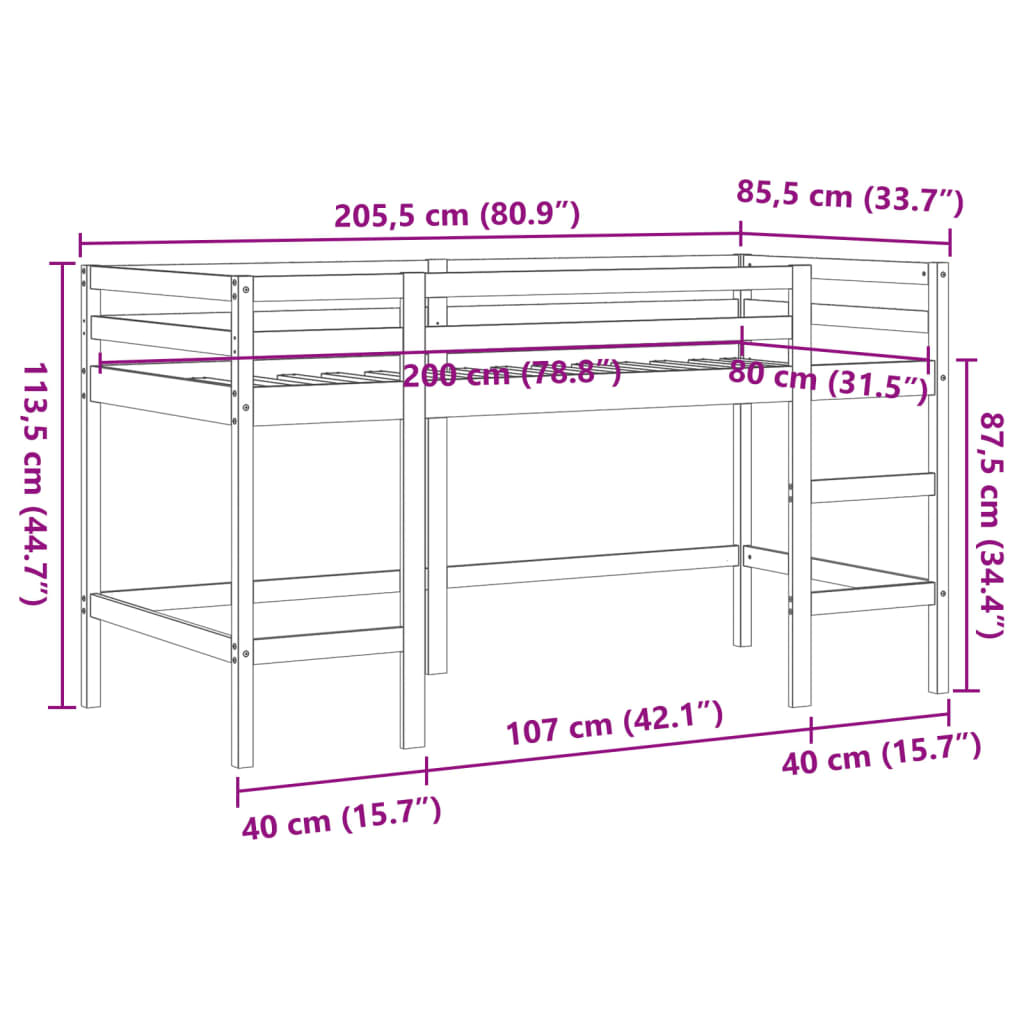 Lit mezzanine d'enfants sans matelas avec échelle 80x200 cm