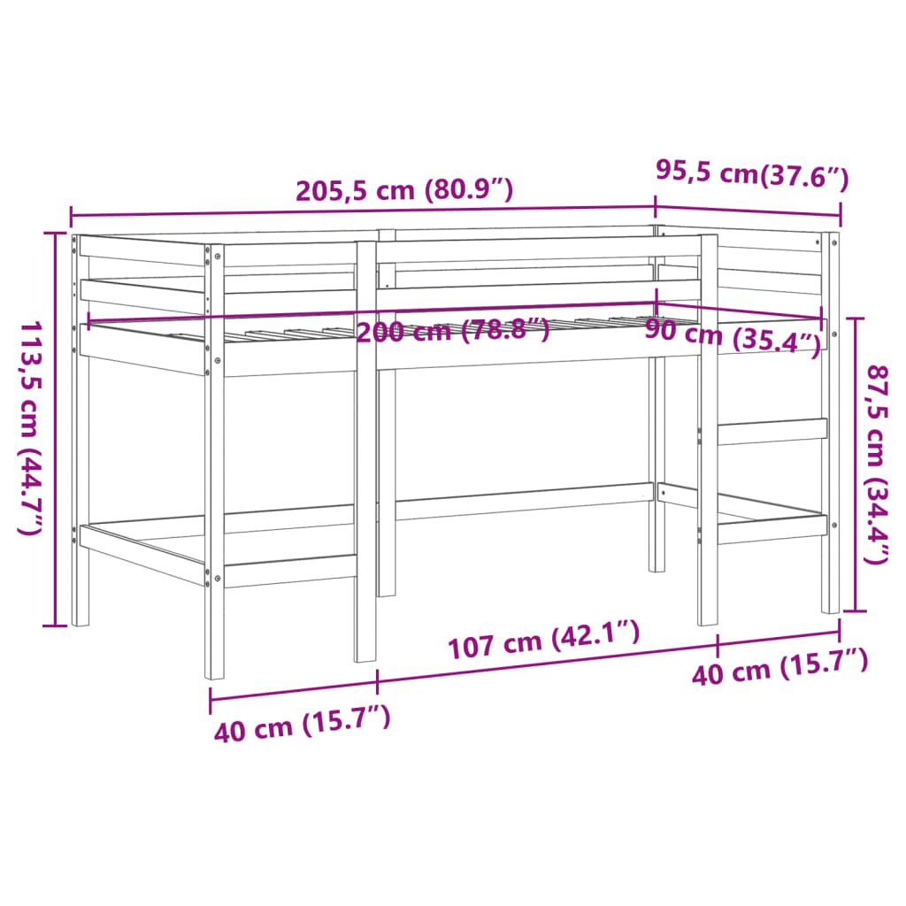 Lit mezzanine d'enfants sans matelas avec échelle 90x200 cm