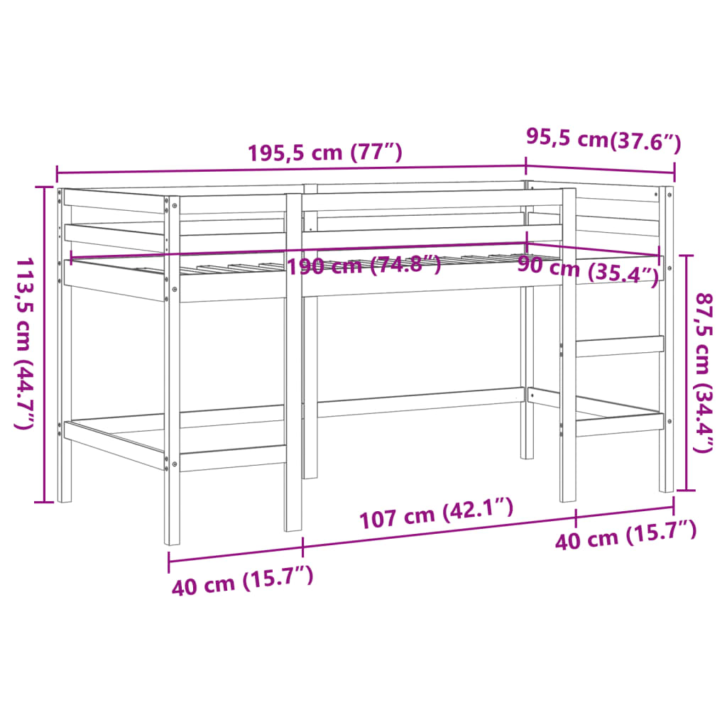 Lit mezzanine d'enfants sans matelas avec échelle 90x190 cm