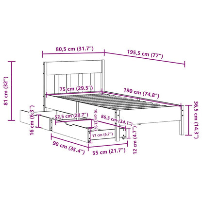 Cadre de lit sans matelas cire marron 75x190 cm bois pin massif