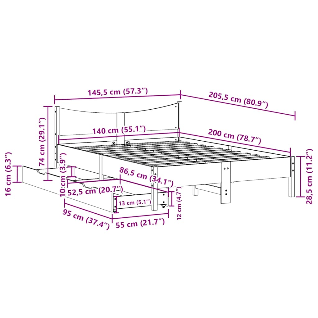 Cadre de lit avec tiroirs cire marron 140x200cm bois pin massif