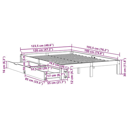 Cadre de lit avec tiroirs sans matelas cire marron 120x190 cm