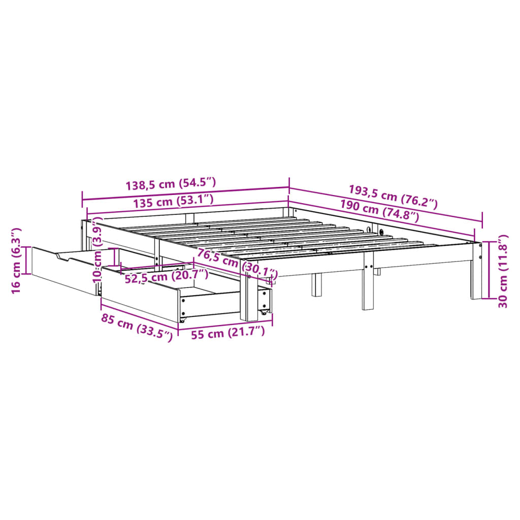 Cadre de lit avec tiroirs sans matelas cire marron 135x190 cm