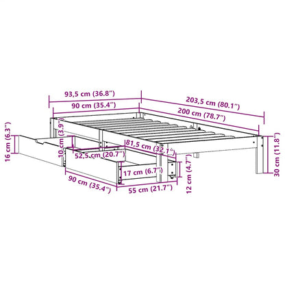 Cadre de lit avec tiroirs sans matelas cire marron 90x200 cm