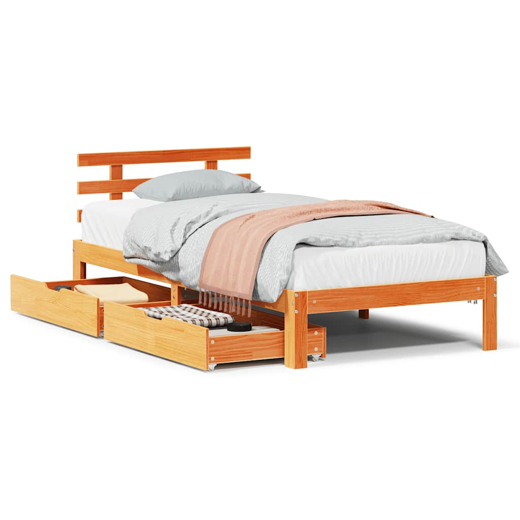 Cadre de lit avec tiroirs sans matelas cire marron 75x190 cm