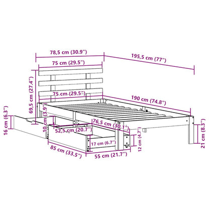 Cadre de lit avec tiroirs sans matelas cire marron 75x190 cm