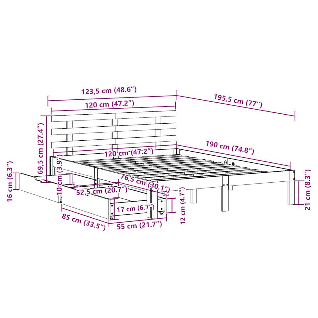 Cadre de lit avec tiroirs sans matelas cire marron 120x190 cm