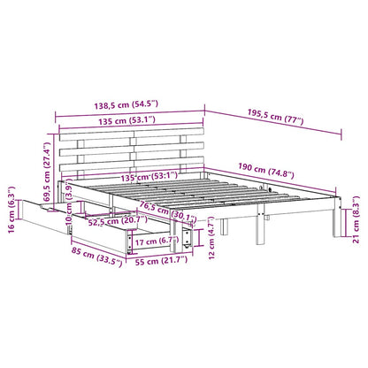 Cadre de lit avec tiroirs sans matelas cire marron 135x190 cm