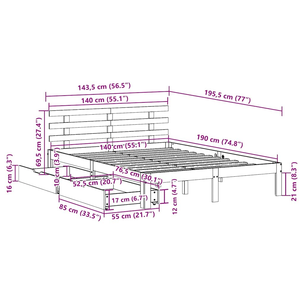 Cadre de lit avec tiroirs sans matelas cire marron 140x190 cm