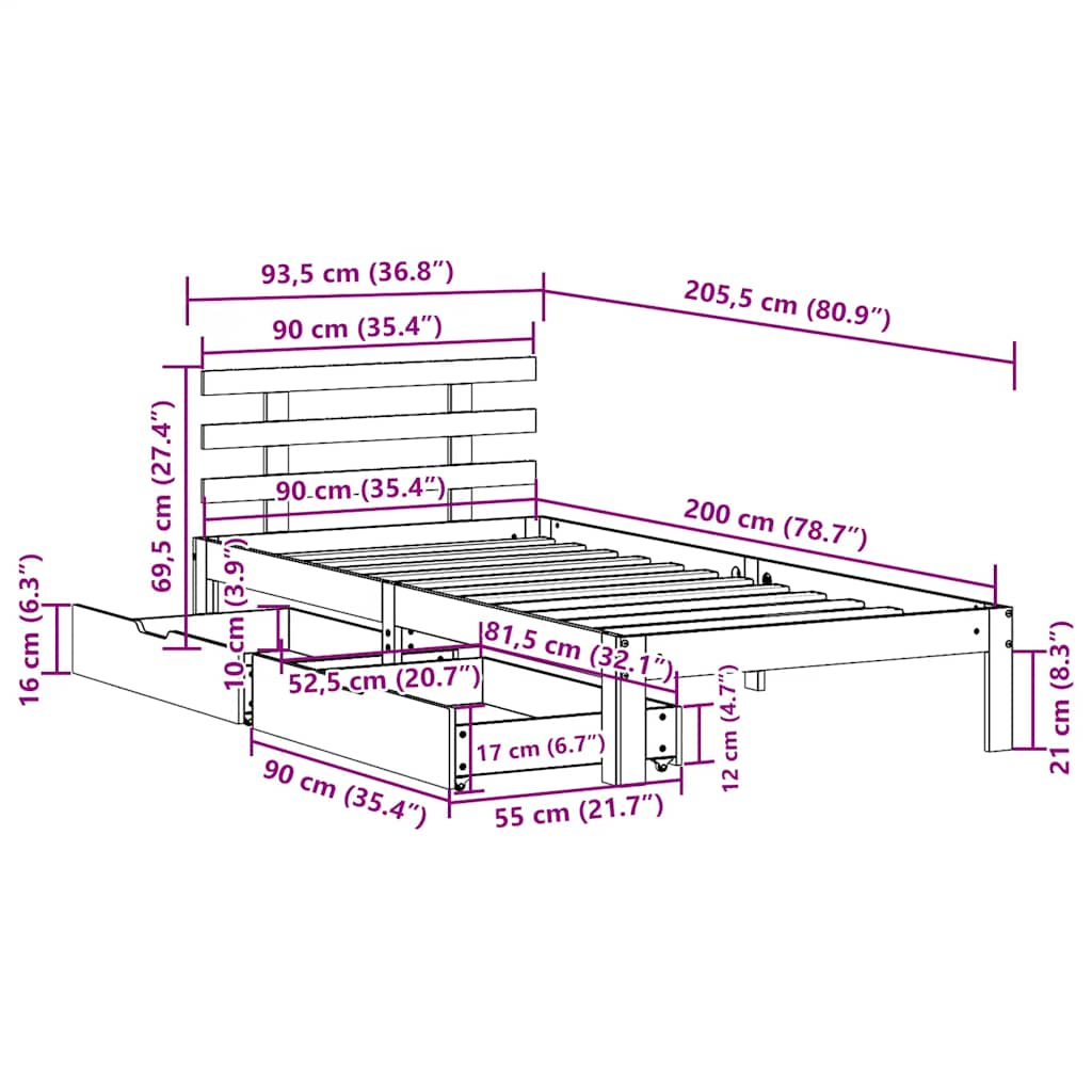 Cadre de lit avec tiroirs sans matelas cire marron 90x200 cm