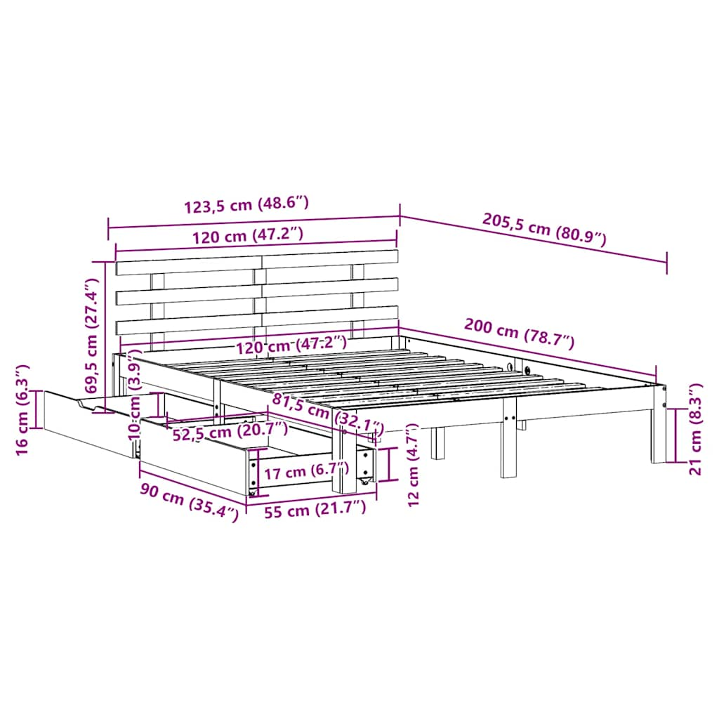 Cadre de lit avec tiroirs sans matelas cire marron 120x200 cm