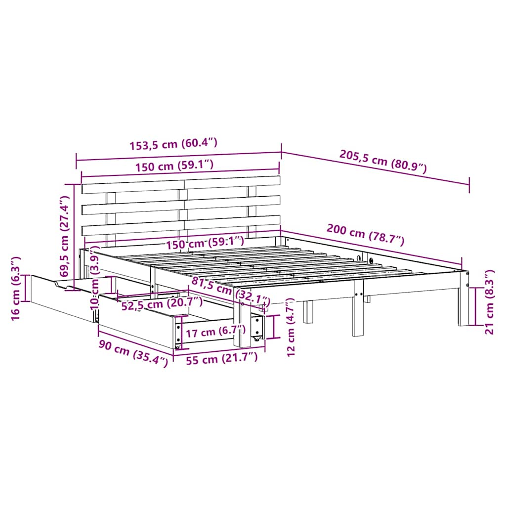 Cadre de lit avec tiroirs sans matelas cire marron 150x200 cm