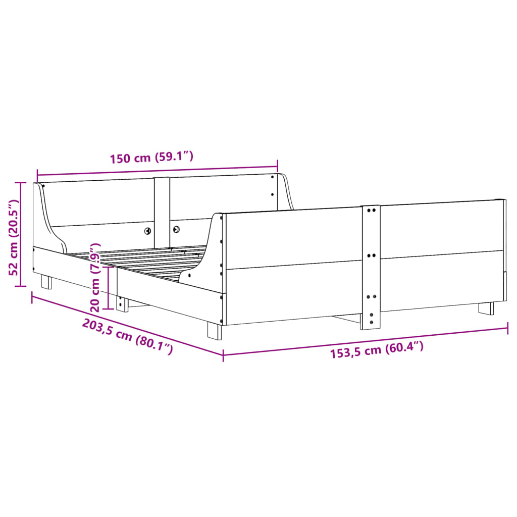 Cadre de lit sans matelas cire marron 150x200cm bois pin massif