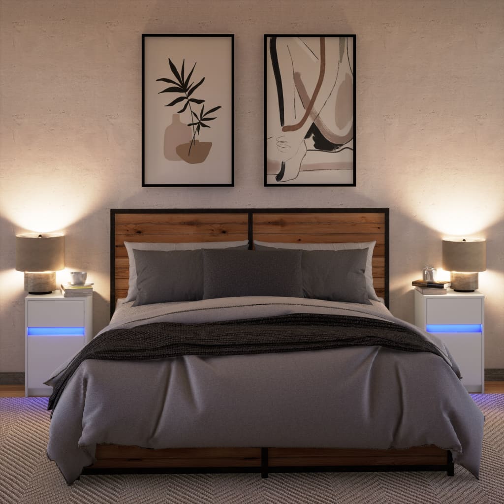 Armoires de chevet et lumières LED 2pcs blanc bois d'ingénierie