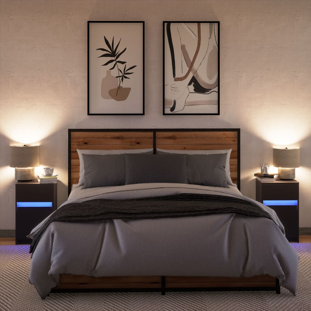 Armoires de chevet et lumières LED 2 pcs noir bois d'ingénierie