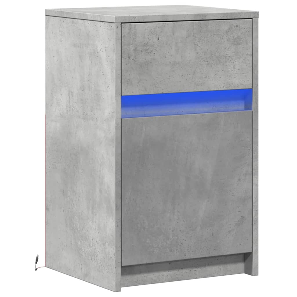 Armoire de chevet et lumières LED gris béton bois d'ingénierie