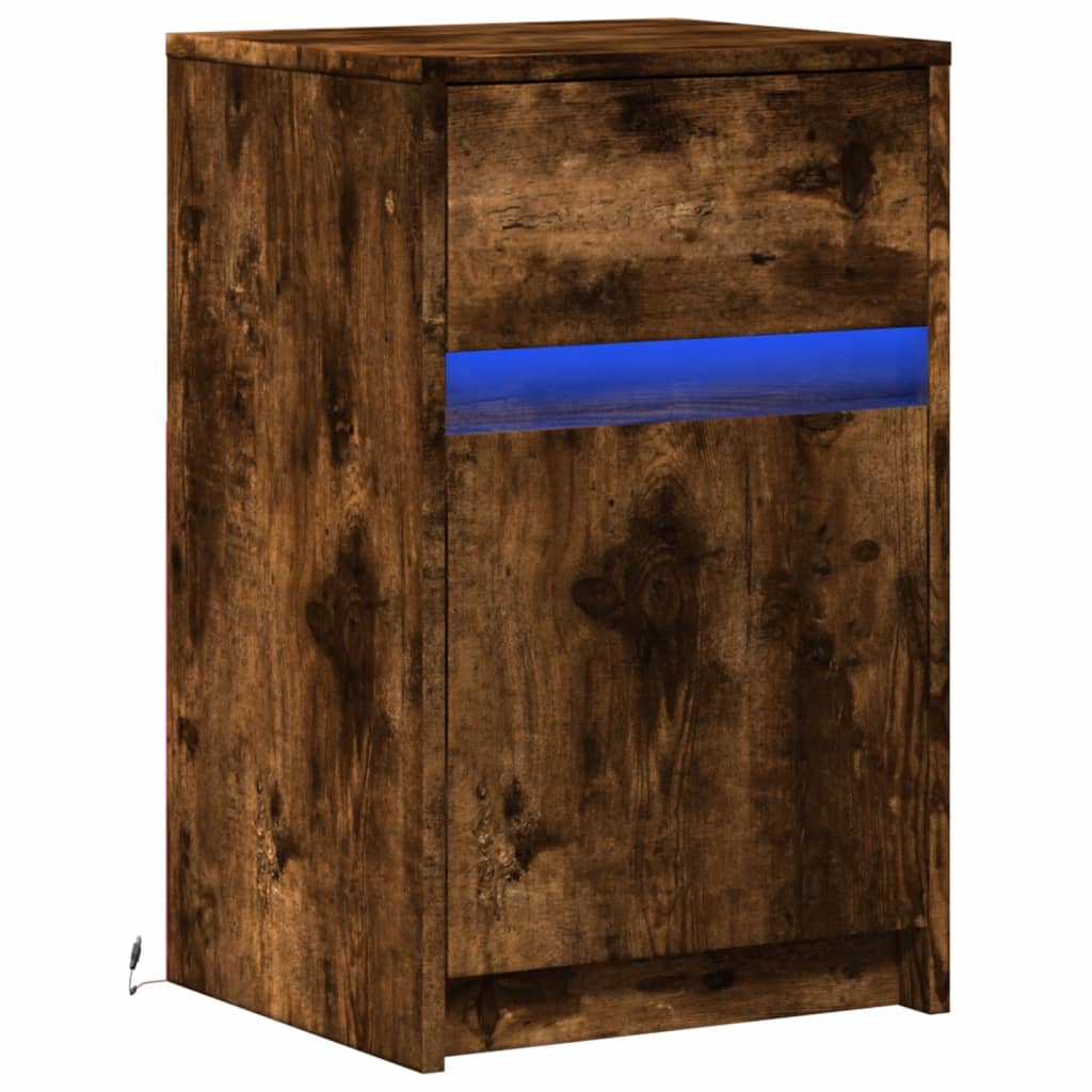 Armoire de chevet et lumières LED chêne fumé bois d'ingénierie