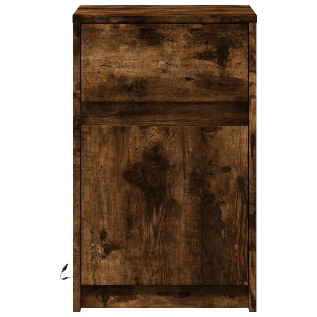 Armoire de chevet et lumières LED chêne fumé bois d'ingénierie