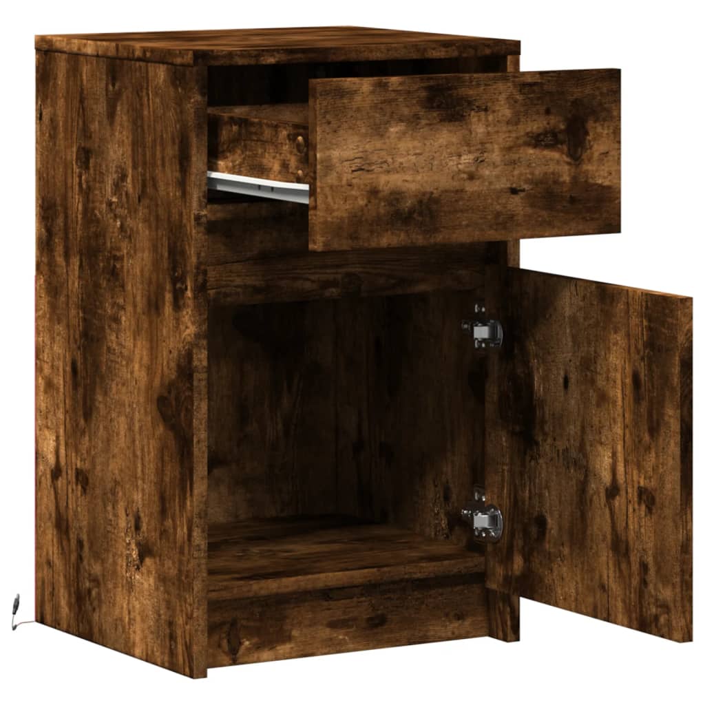 Armoire de chevet et lumières LED chêne fumé bois d'ingénierie