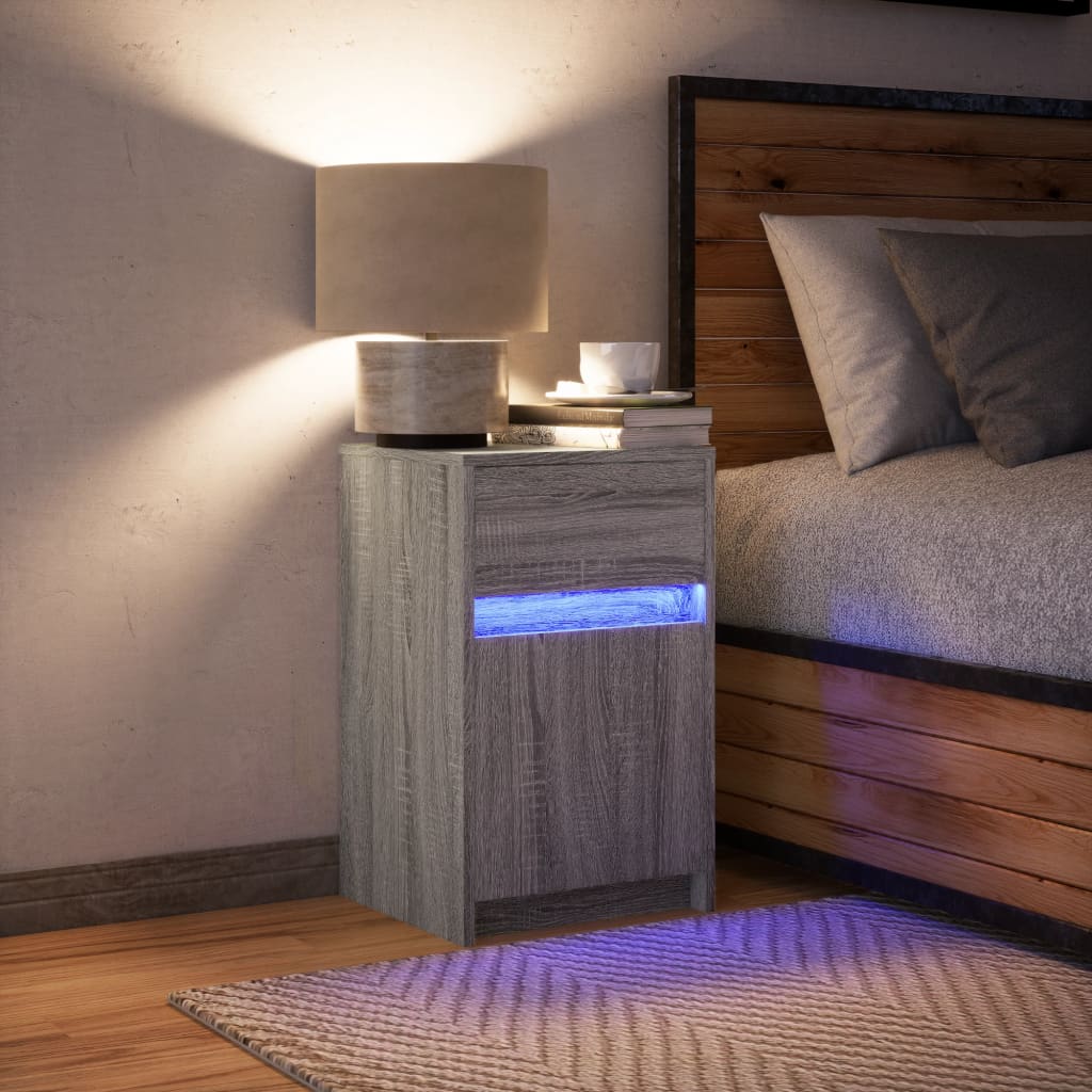 Armoire de chevet et lumières LED sonoma gris bois d'ingénierie