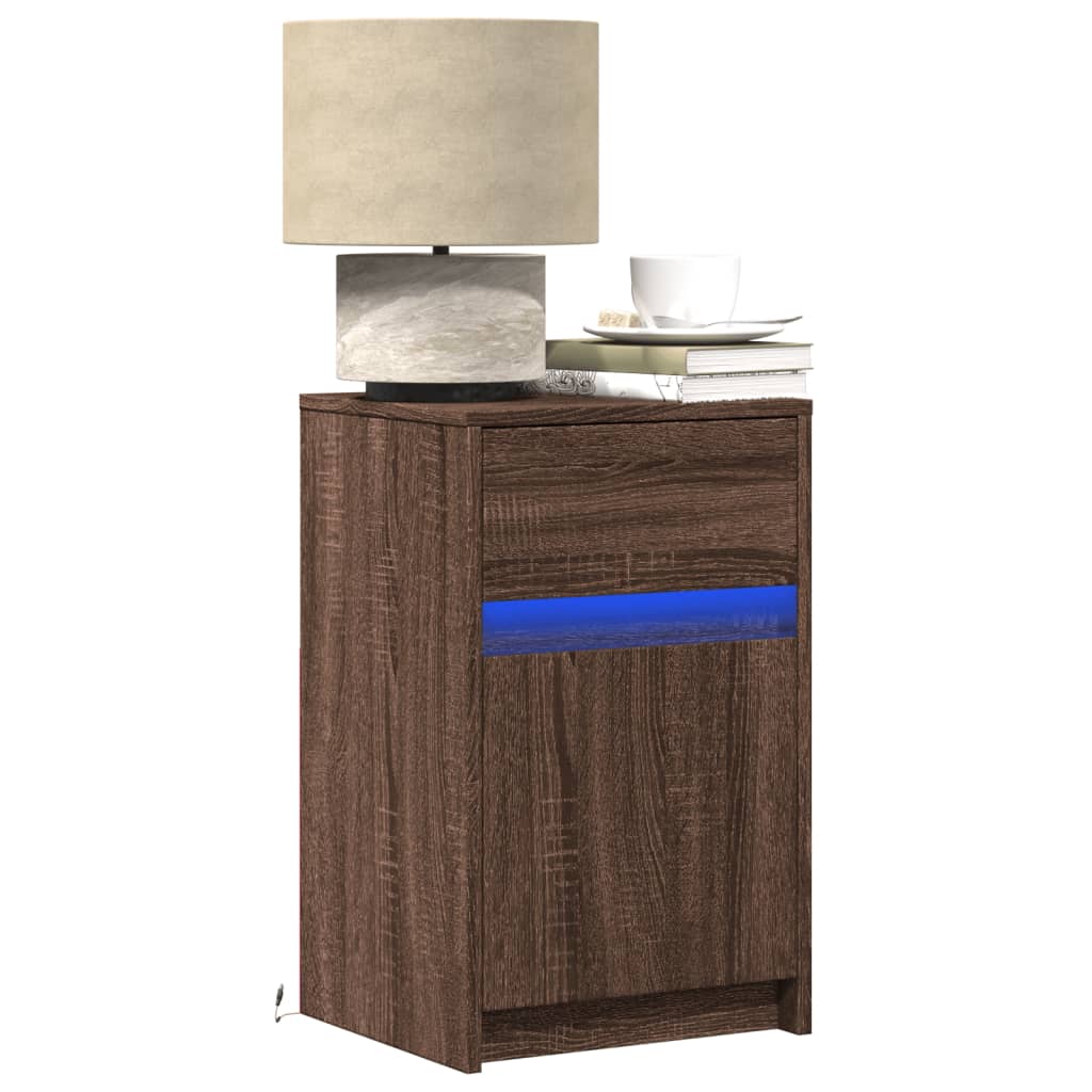 Armoire de chevet et lumières LED chêne marron bois ingénierie