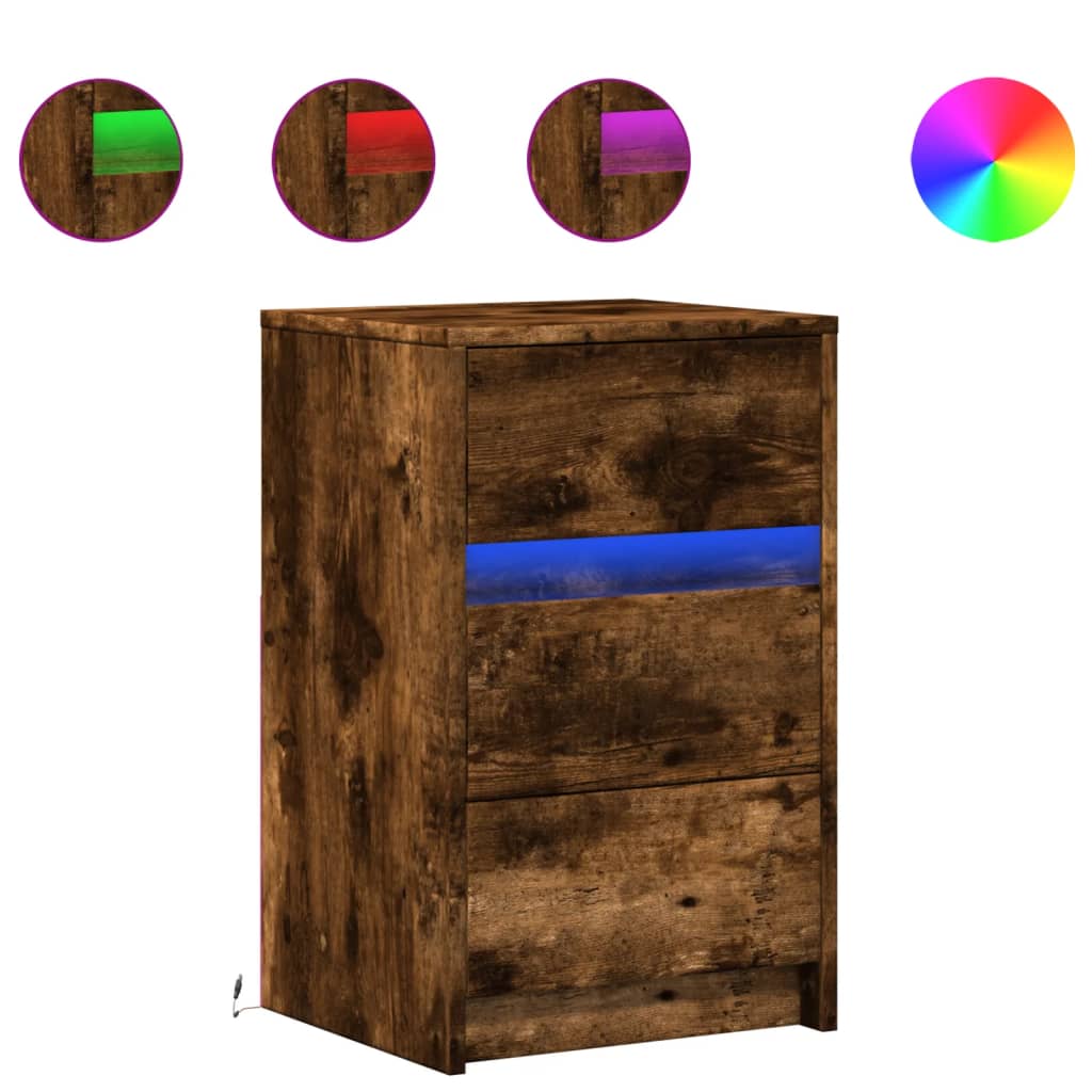 Armoire de chevet et lumières LED chêne fumé bois d'ingénierie