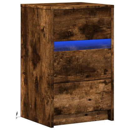 Armoire de chevet et lumières LED chêne fumé bois d'ingénierie