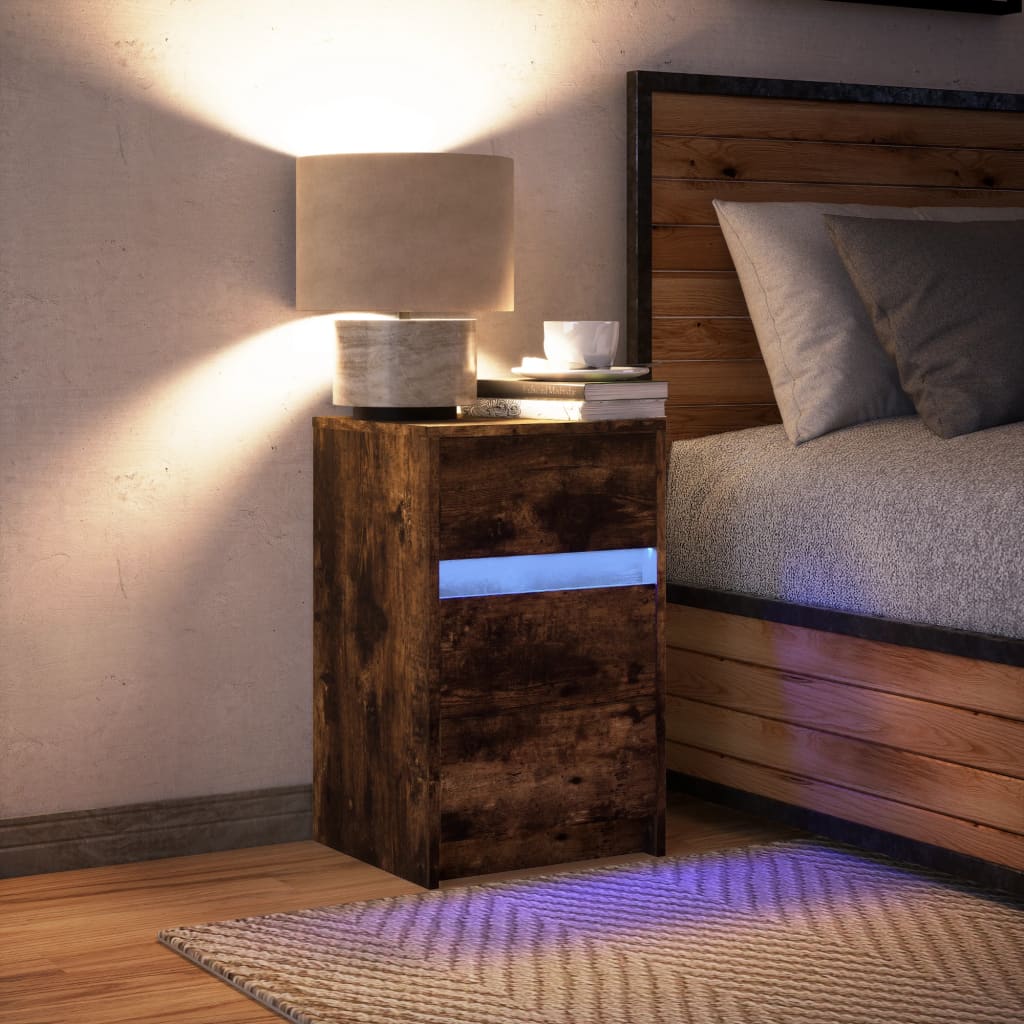 Armoire de chevet et lumières LED chêne fumé bois d'ingénierie