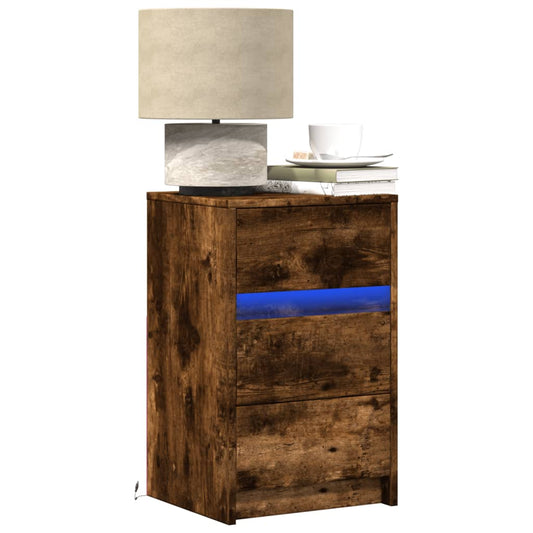 Armoire de chevet et lumières LED chêne fumé bois d'ingénierie