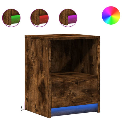 Armoire de chevet et lumières LED chêne fumé bois d'ingénierie