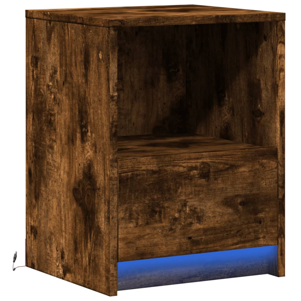 Armoire de chevet et lumières LED chêne fumé bois d'ingénierie